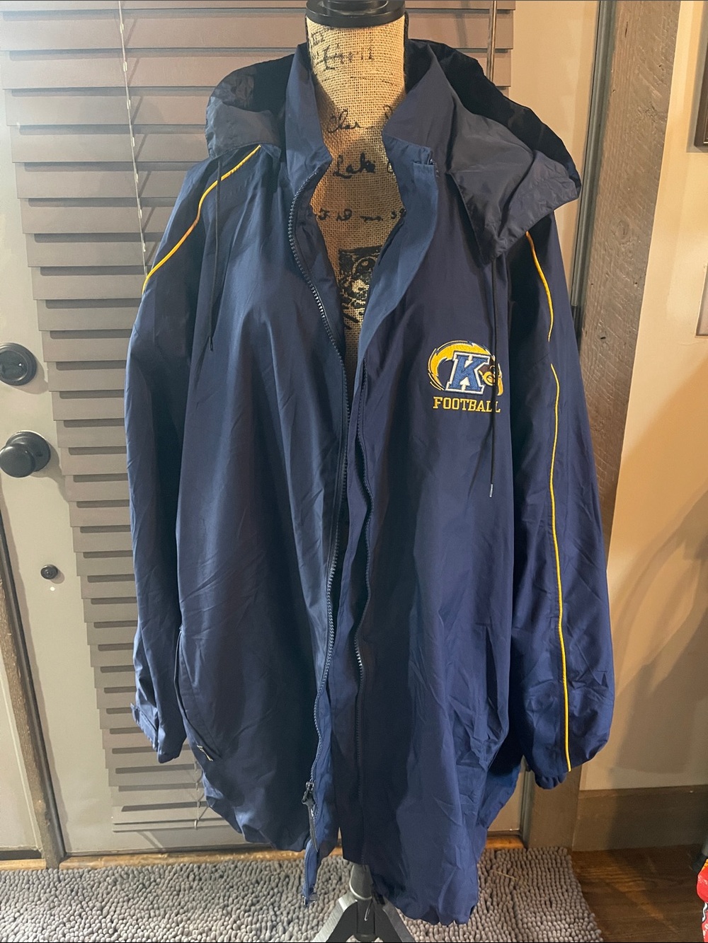 Men's Navy Blue Hooded Football Windbreaker with Yellow Piping